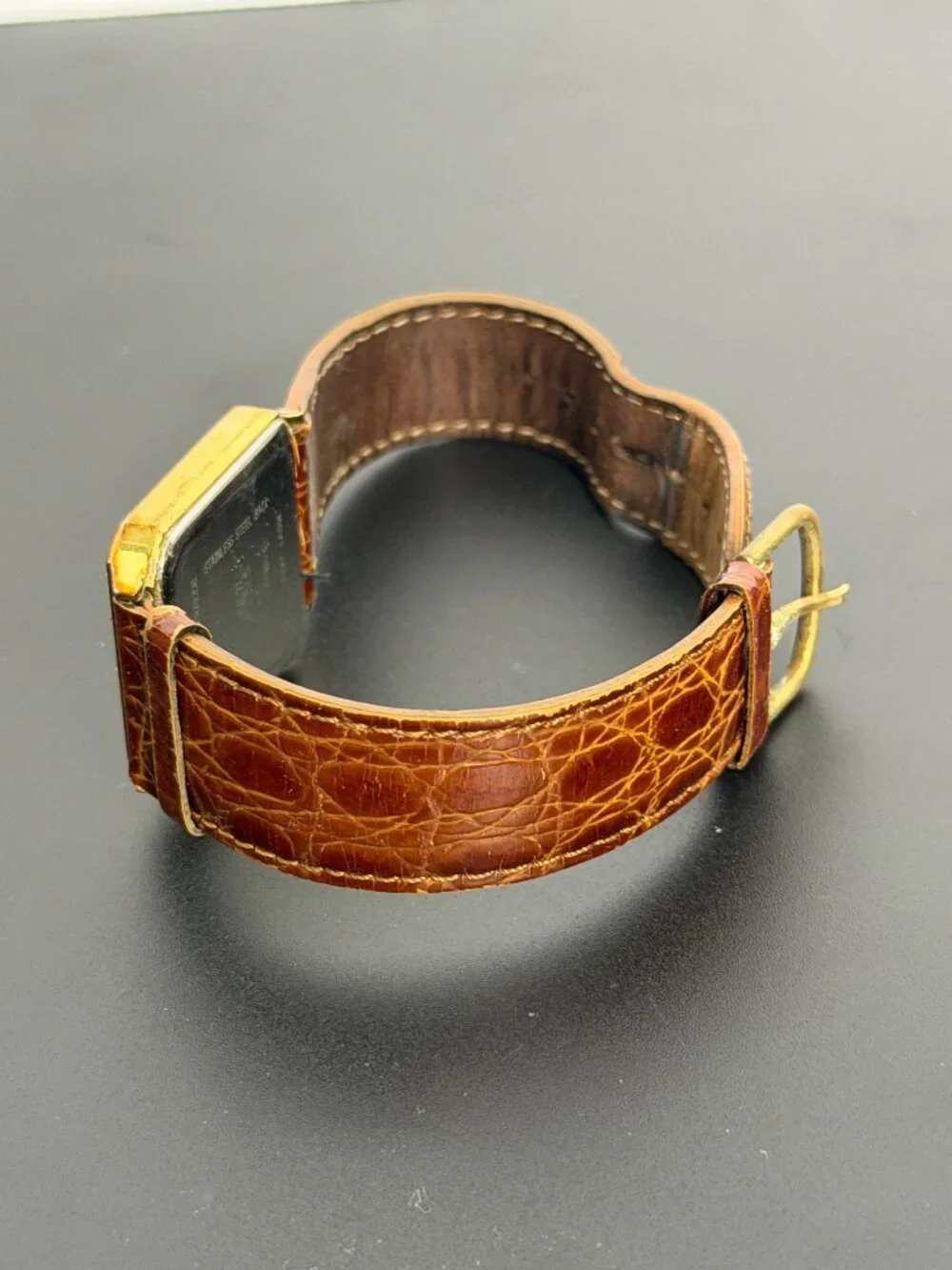 JAZ Paris Vintage Rectangular Quartz Wristwatch Gold Tone Date Leather Band
